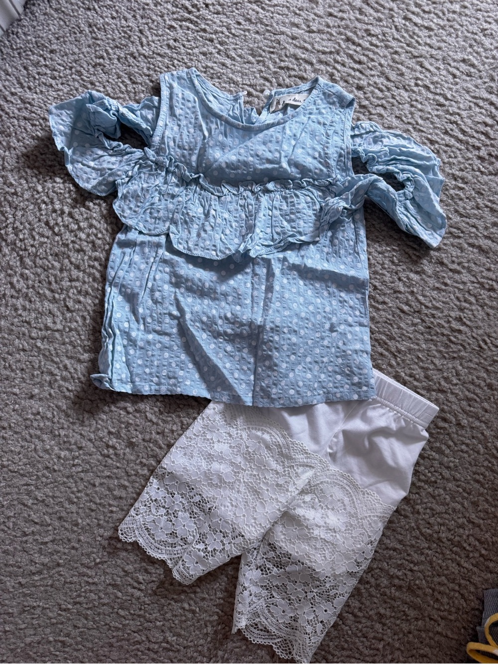 Baby Blue Dot Ruffle top and white lace bike shorts by doe a dear
